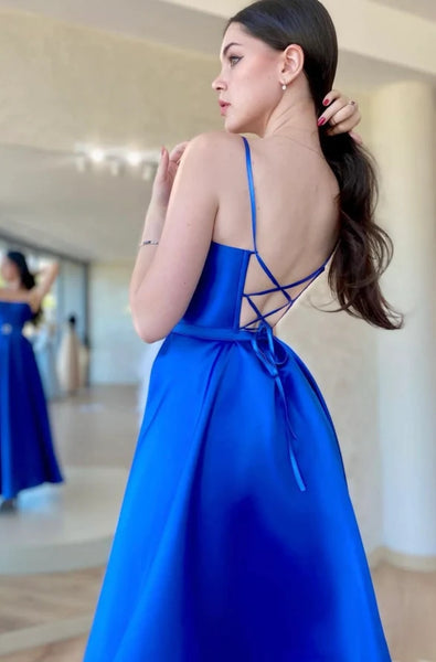 Royal Blue Satin A-Line Spaghetti Straps Formal Prom Dress MD100405