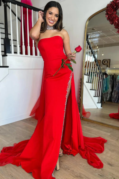 Mermaid Strapless Red Long Prom Dress with Slit DM3082823