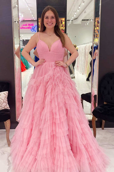 Pink Tulle High-Waist Tiered Long Prom Dress with Ruffles MD093010