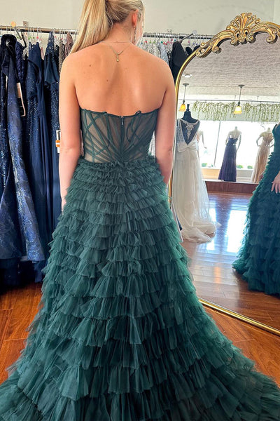 Dark Green Strapless Ruffle Tiered Tulle Prom Dress MD4051002