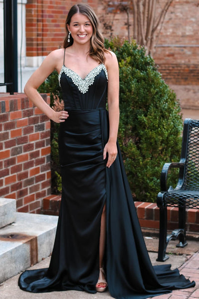 Black Rhinestone V-Neck Long Formal Dress with Attached Train MD121609