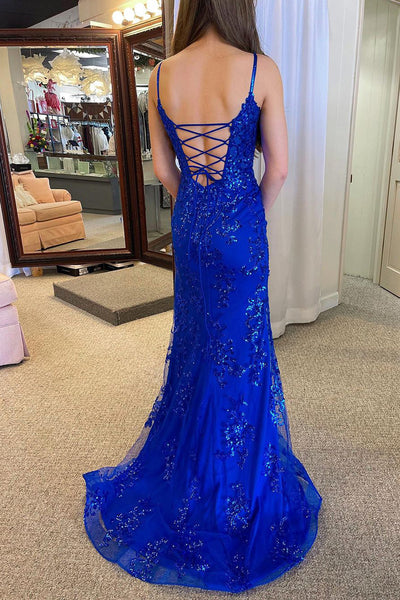 Mermaid Spaghetti Straps Royal Blue Sequins Lace Prom Dress MD4012501