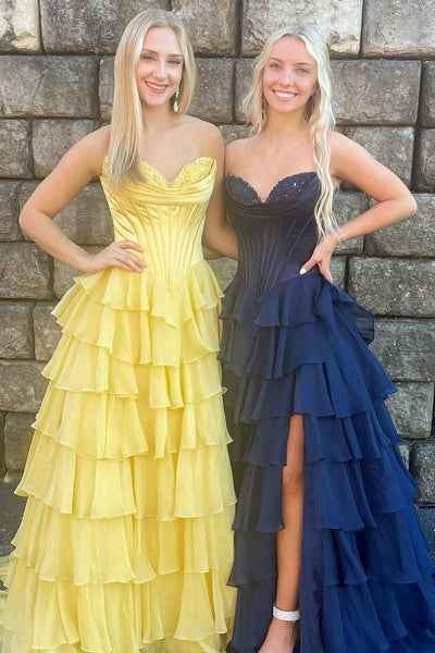 Cute A Line Sweetheart Navy Tiered Chiffon Prom Dresses DM24102911