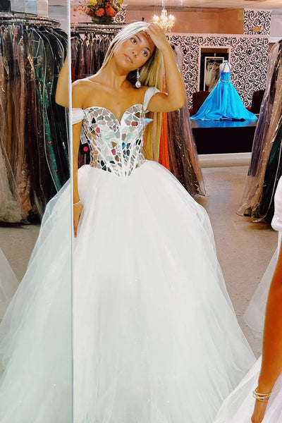Sparkly White Mirror A-Line Off the Shoulder Long Prom Dress DM3082709