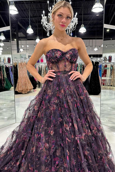 Black Strapless Floral Printed Tulle Long Prom Dress MD4030905