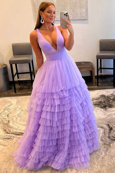 Multi-Tiered Lavender Plunge Neck A-Line Long Prom Dress MD092708