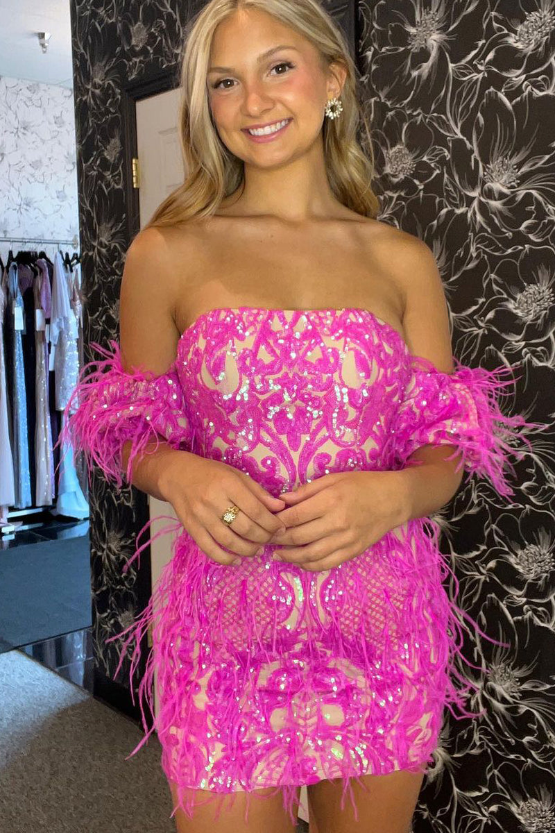 Strapless Tight Pink Sequin Lace Short Homecoming Dresses with Sleeves MD090905 Dressmeet Strapless Tight Pink Sequin Lace Short Homecoming Dresses with Sleeves MD090905 Dressmeet