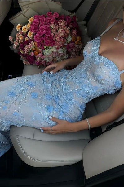 Blue Sweetheart Spaghetti Straps Lace Appliques Mermaid Long Prom Dress DM25102808