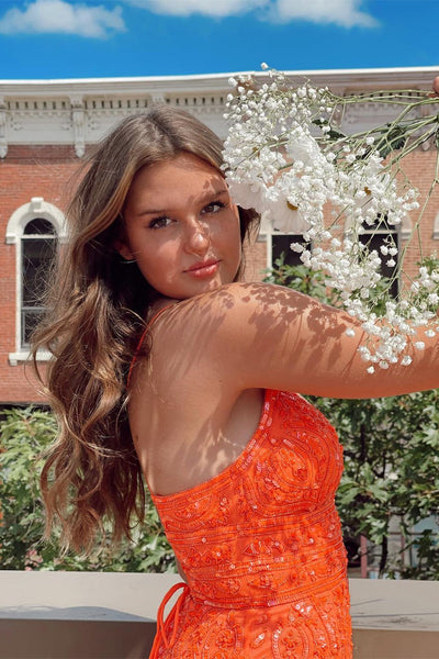 V-neck Orange Spaghetti Straps Sleeveless Homecoming Dresses With Lace MD092208