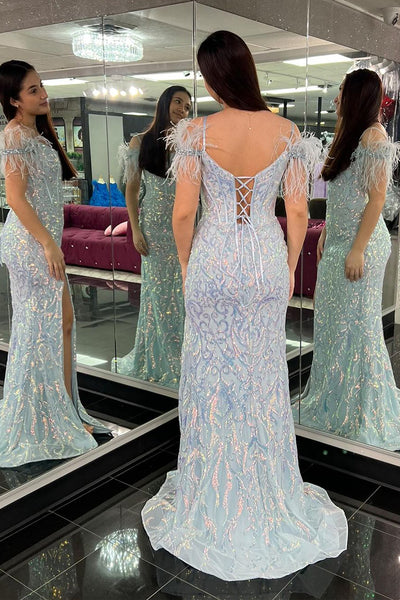 Mermaid Cold Shoulder Blue Sequins Long Prom Dress with Feather MD4051005