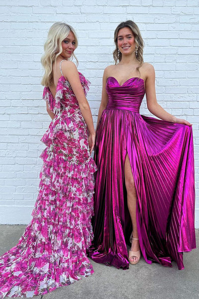 Pink Floral Printed Ruffle Mermaid Long Prom Dresses MD4030901