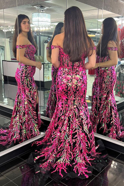 Pink Sequin Lace Off the Shoulder Mermaid Long Prom Dress MD121208