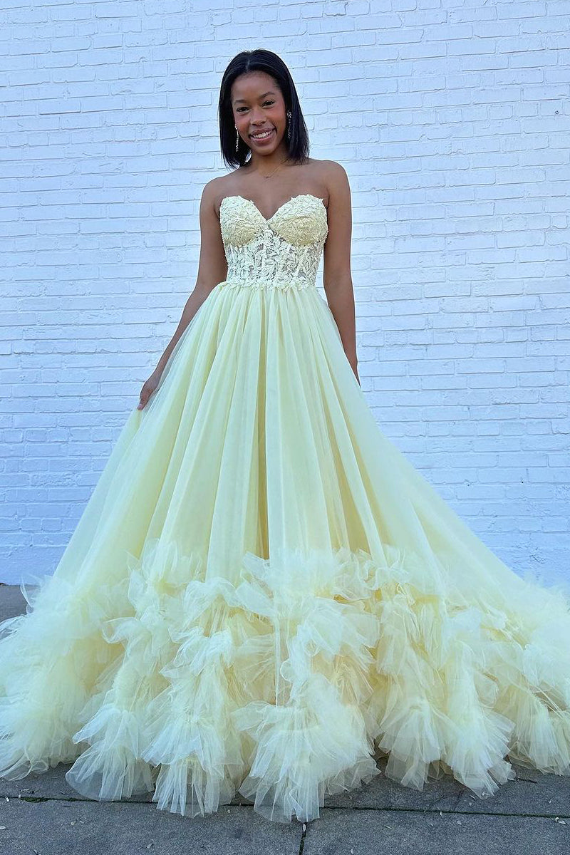 A-Line Sweetheart Yellow Ruffle Tulle Long Prom Dresses MD4011501 – Dressmeet