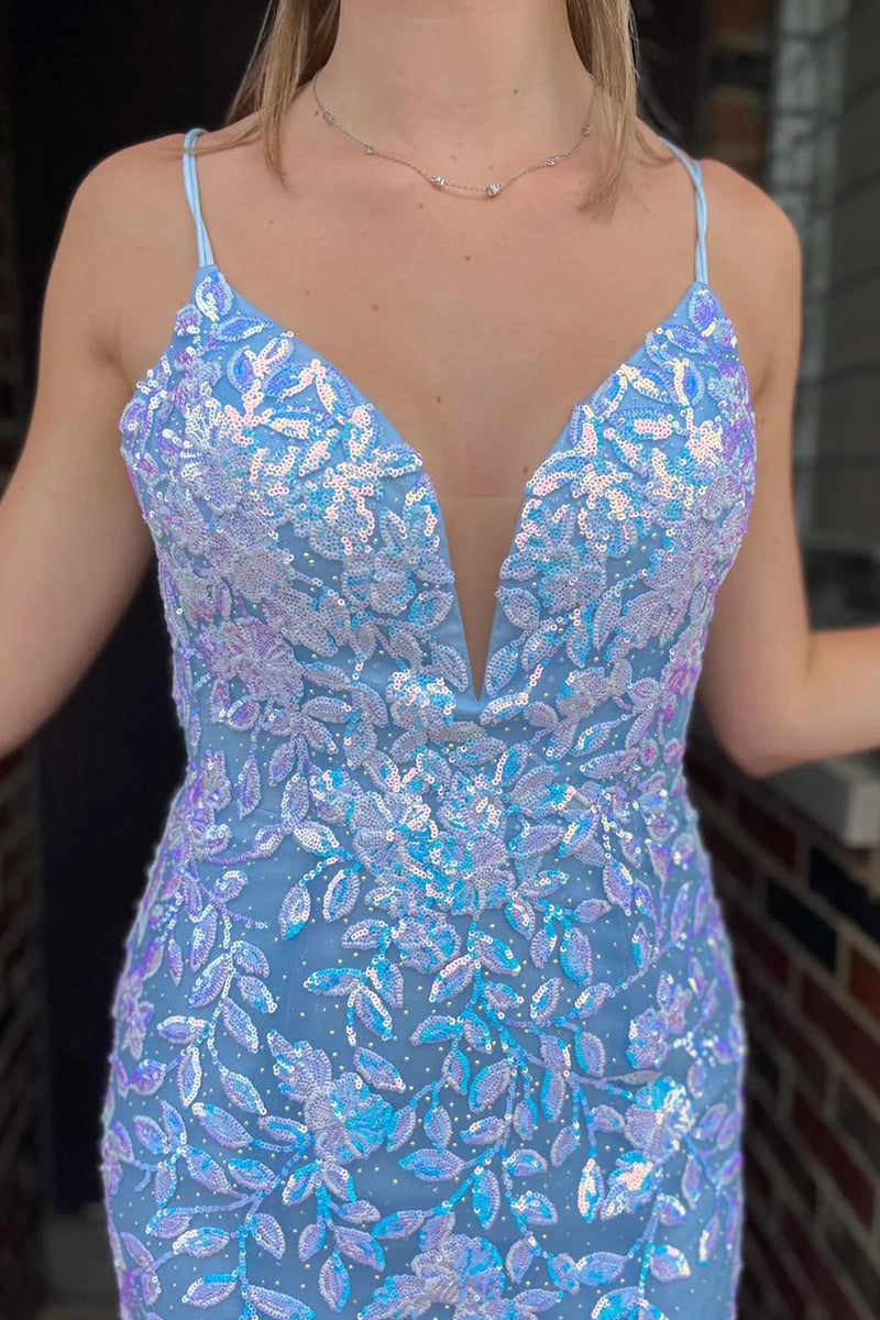 Light Blue Glitter Mermaid Gown – Strapless Lace-Up Back Prom Dress with Slit and Train main image 1