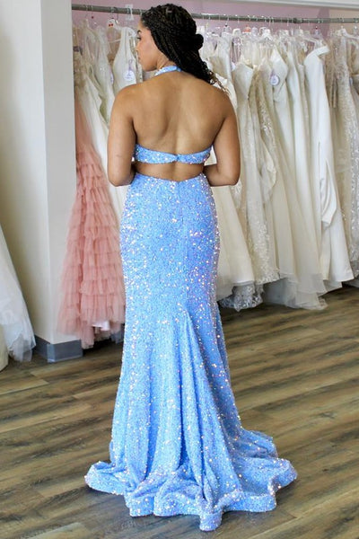 Blue Iridescent Sequin Halter Trumpet Long Prom Dress MD121202