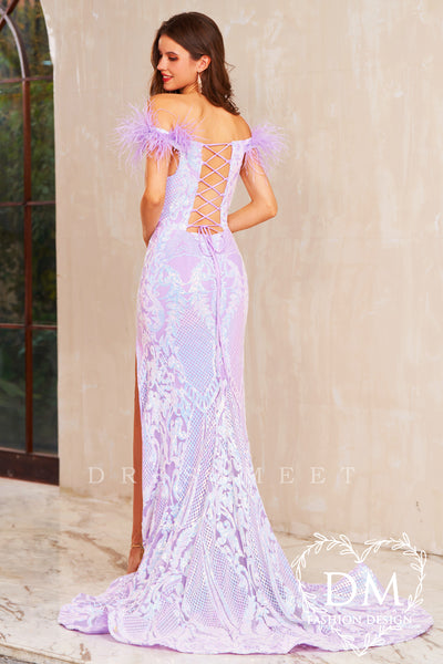 Lilac Off the Shoulder Mermaid Sequins Lace Long Prom Dress MD121910
