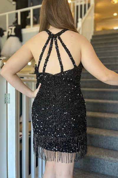 Sparkly Black Sequined Tight Short Homecoming Dress with Fringes MD091901