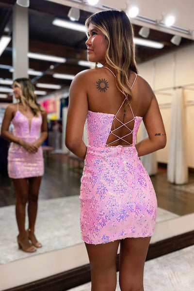 Cute V Neck Pink Sequins Short Homecoming Dress MD083004