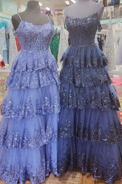 Tulle Sequin Cold-Shoulder Ruffle Tiered Long Prom Dress MD122301