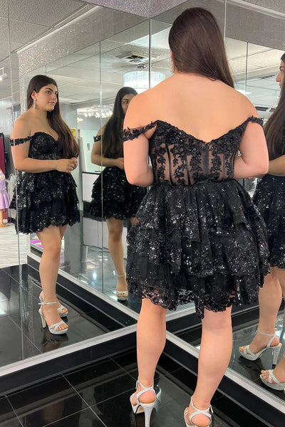 Sparkly Black Corset Tiered Lace A-Line Homecoming Dress LD3070701