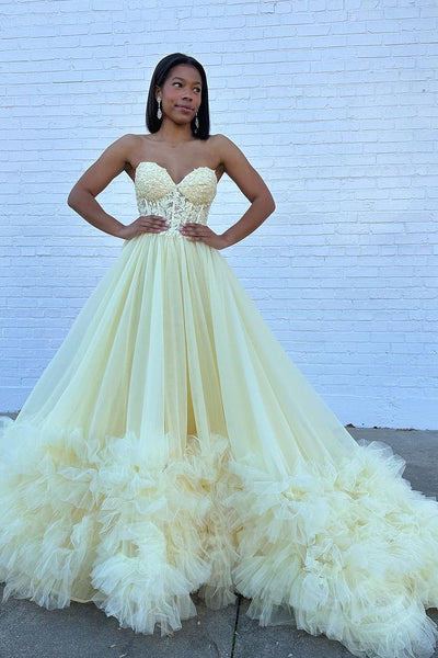 A-Line Sweetheart Yellow Ruffle Tulle Long Prom Dresses MD4011501