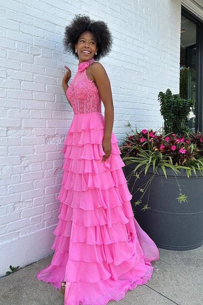Pink Halter Tiered Chiffon Long Prom Dresses with Appliques MD112208