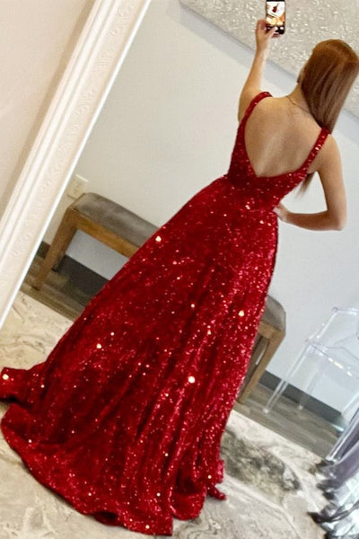 Red Sequin Square Neck Open Back Ball Gown MD092406