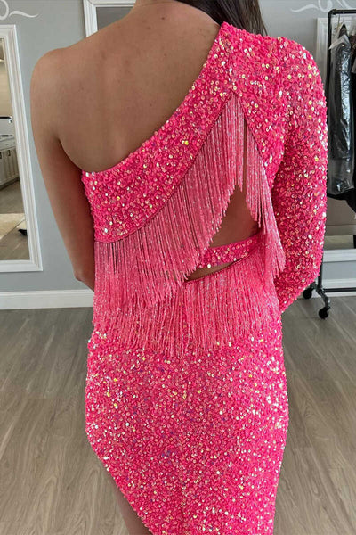 Asymmetrical Hot Pink One Sleeve Tassel Homecoming Dress MD092008