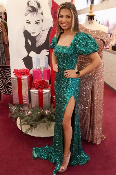 Green Sequin Square Neck Puff Sleeve Backless Mermaid Long Prom Dress MD121206