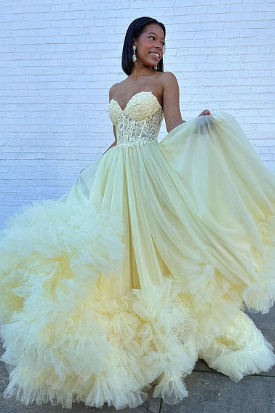 A-Line Sweetheart Yellow Ruffle Tulle Long Prom Dresses MD4011501