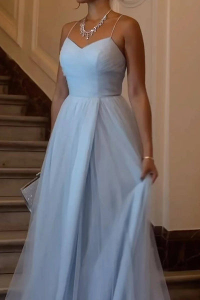 Elegant A Line Spaghetti Straps Sky Blue Long Prom Dress with Split Front MD112303