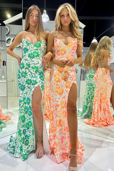 Mermaid V Neck Green Sequins Lace Long Prom Dress with Slit MD120406