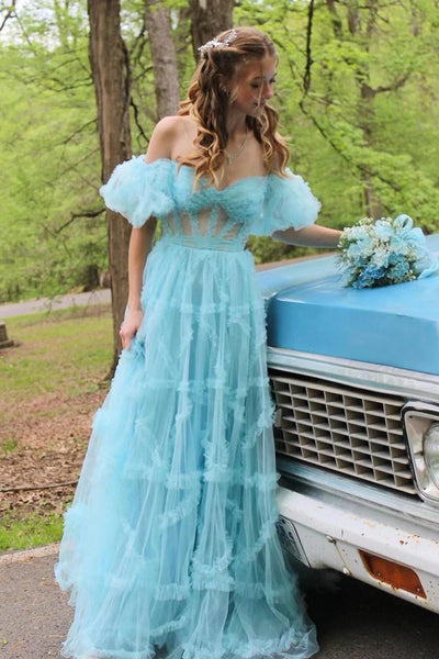 A Line Off the Shoulder Fuchsia Tulle Corset Prom Dress with Bowknot DM3082802