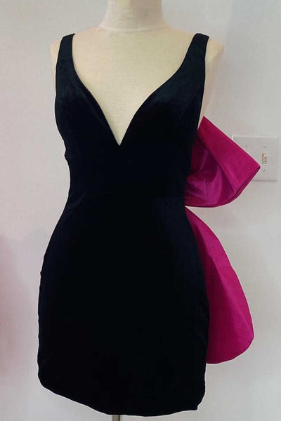 Black Plunge V Bow Back Bodycon Mini Homecoming Party Dress MD092001