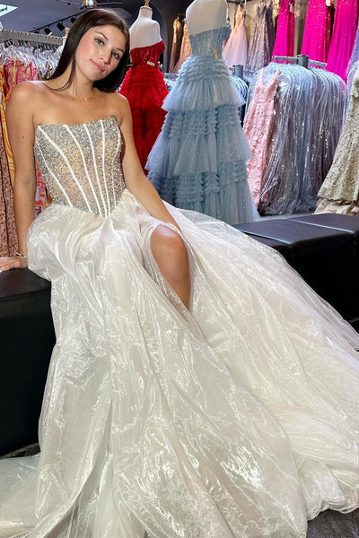 A-Line Strapless Blush Organza Long Prom Dresses with Beading MD103102