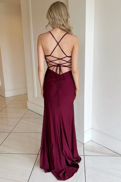 Burgundy V-Neck Lace-Up Long Formal Dress with Slit MD121603