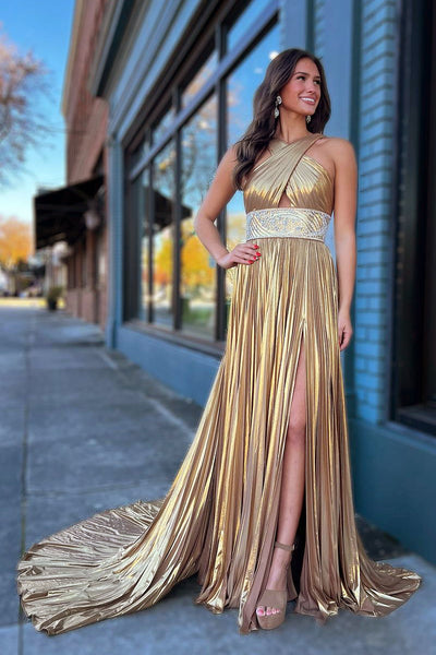 Champagne Halter Cutout Long Prom Dress with Slit MD112603