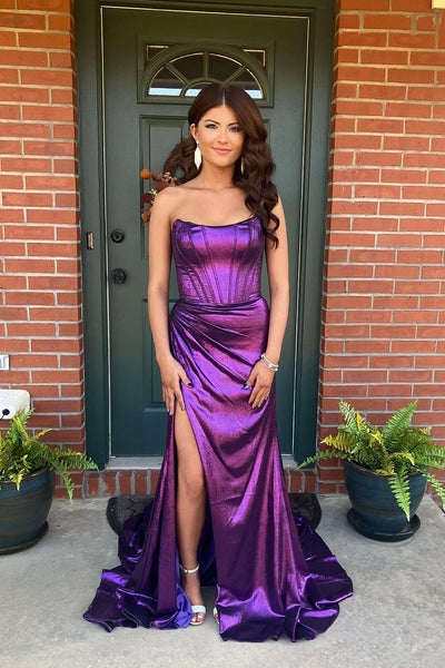 Cute Mermaid Scoop Neck Purple Satin Prom Dresses with Slit DM24102909