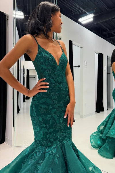 Emerald Appliques V-Neck Trumpet Long Gown MD4010901