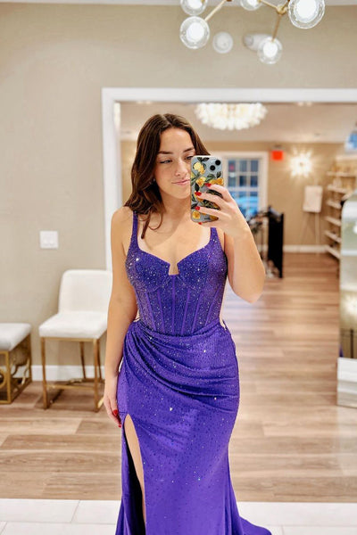 Mermaid Purple Satin Long Prom Dresses with Beads MD4010306