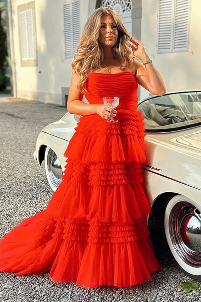 Glitter Beige Strapless Tulle Long Tiered Prom Dress with Slit DM3082807