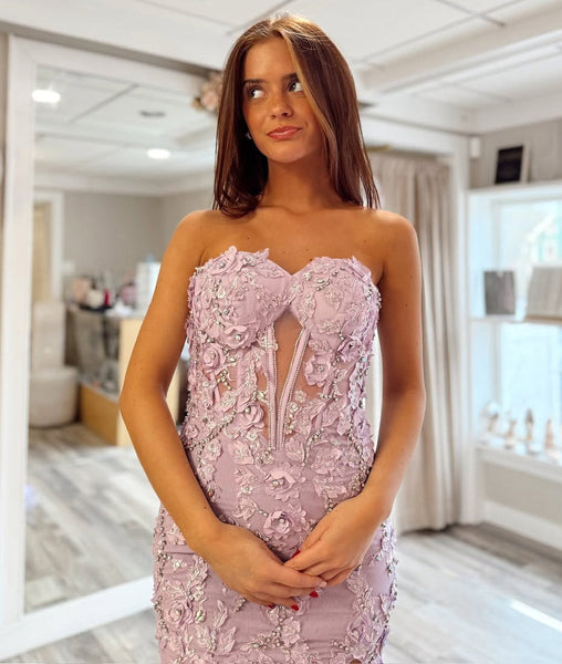 Mermiad Sweetheart Lilac Lace Appliques Long Prom Dresses with Side Spit DM25101606
