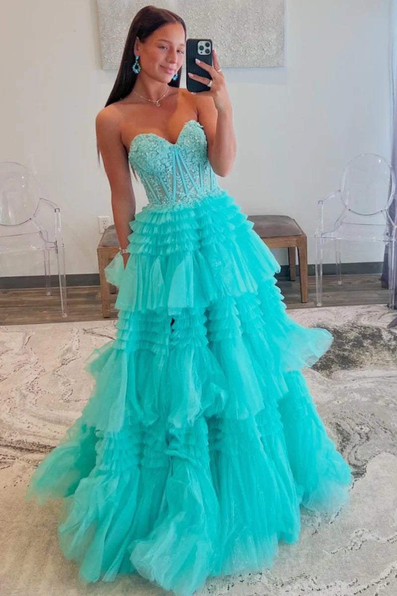 Aqua Blue Tulle Appliques Ruffle A-Line Long Prom Dress MD122505 – Dressmeet