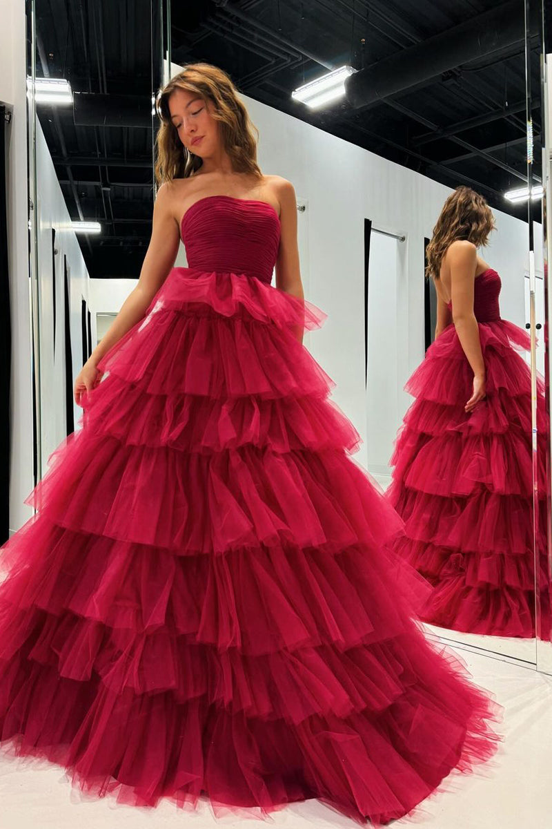 A-Line Strapless Dark Red Tulle Long Prom Dresses MD4010304 – Dressmeet