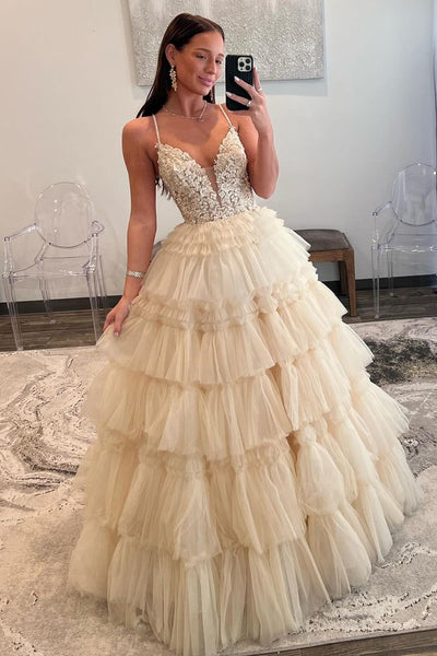 Champagne V Neck Tiered Tulle Long Prom Dress with Appliques MD4012803