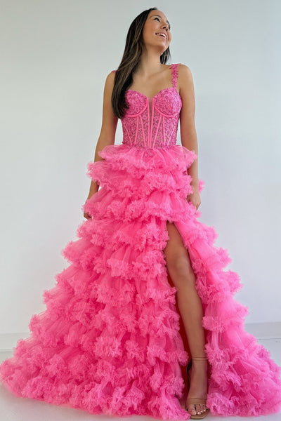 A-Line Sweetheart Hot Pink Ruffle Tiered Tulle Corset Prom Dresses Evening Gown with Side Slit DM25101603