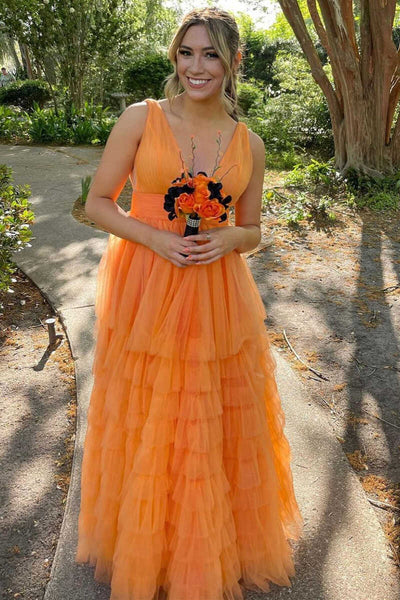 Multi-Tiered Lavender Plunge Neck A-Line Long Prom Dress MD092708