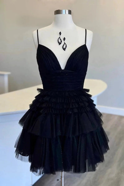 Glitter Black Tiered Spaghetti Straps Short Homecoming Dress LD3062301