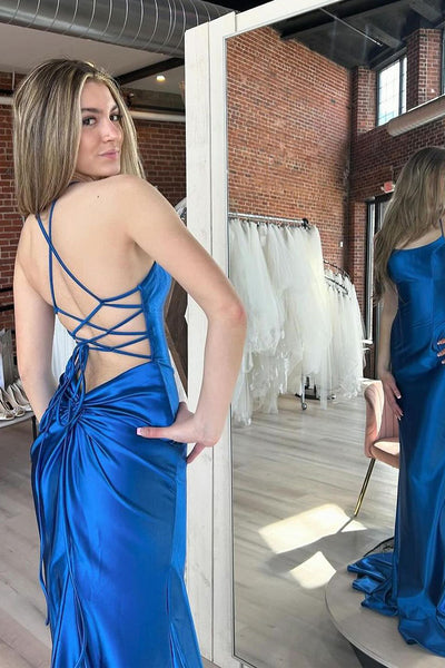 Royal Blue Satin Mermaid Long Prom Dress with Criss Cross Back MD4042905