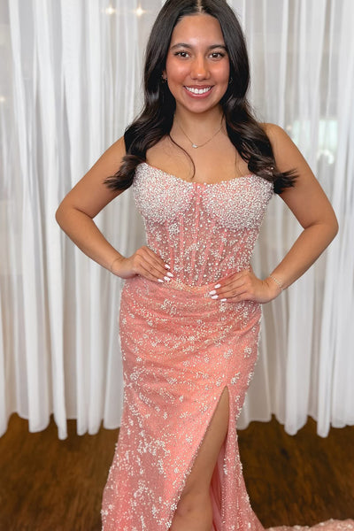 Mermaid Strapless Pink Pearls Long Prom Dresses with Slit DM25032404